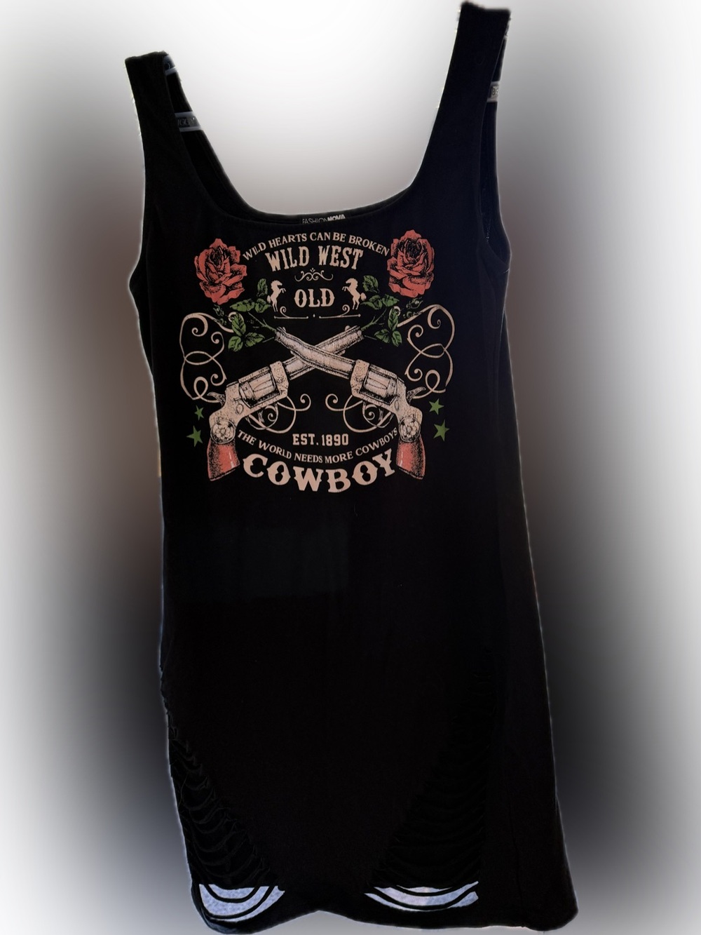 Fashion Nova Black Cowboy Distressed Tank Mini Dress . Western Rockabilly Large
